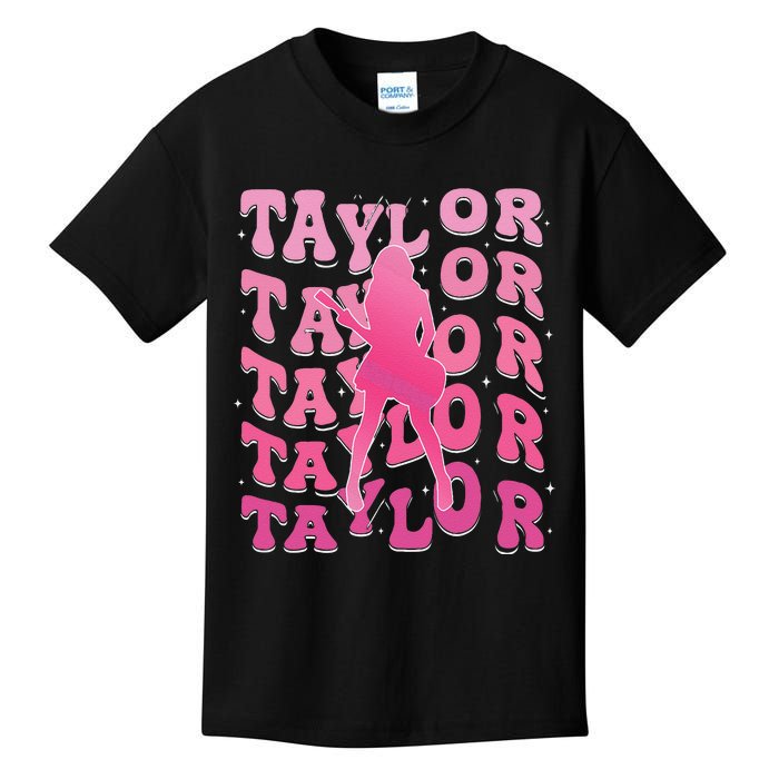 Retro Taylor First Name Personalized Groovy 80S Pin.K Kids T-Shirt