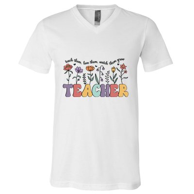 Retro Teacher , Flower Floral V-Neck T-Shirt