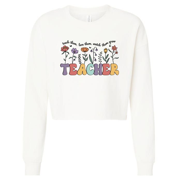 Retro Teacher , Flower Floral Cropped Pullover Crew