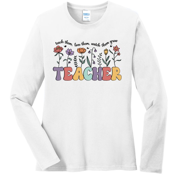 Retro Teacher , Flower Floral Ladies Long Sleeve Shirt