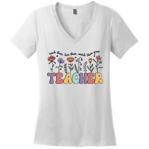 Retro Teacher , Flower Floral Women's V-Neck T-Shirt