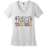 Retro Teacher , Flower Floral Women's V-Neck T-Shirt