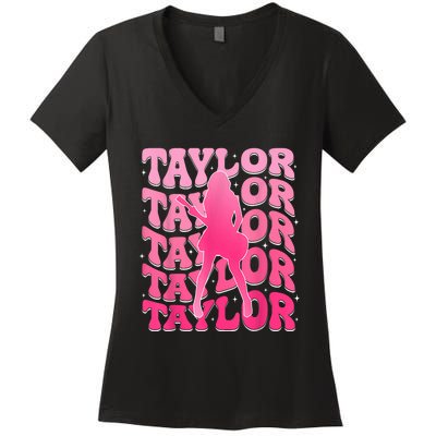 Retro Taylor First Name Personalized 80S Women's V-Neck T-Shirt