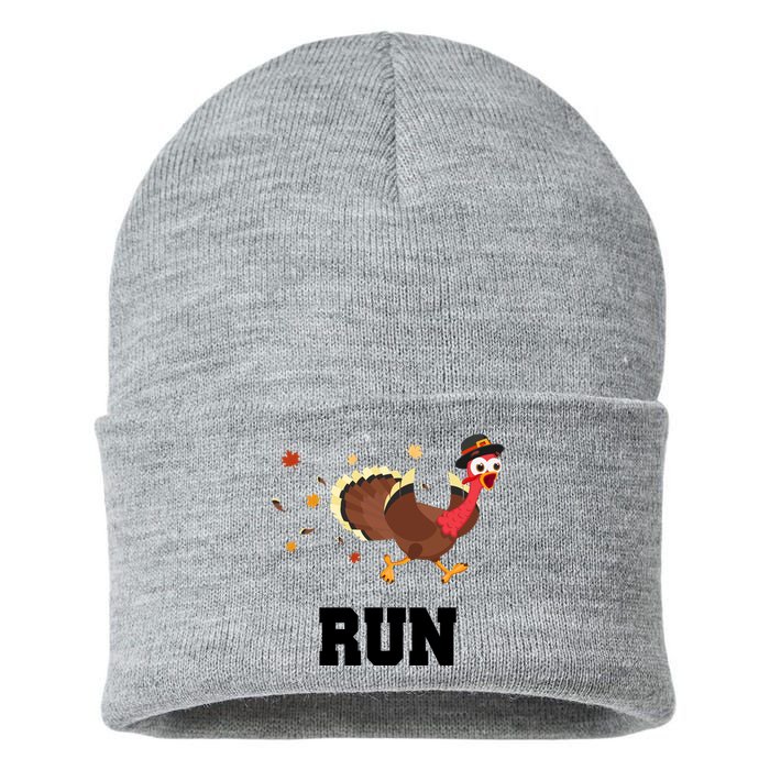 Run Turkey Funny Thanksgiving Sustainable Knit Beanie