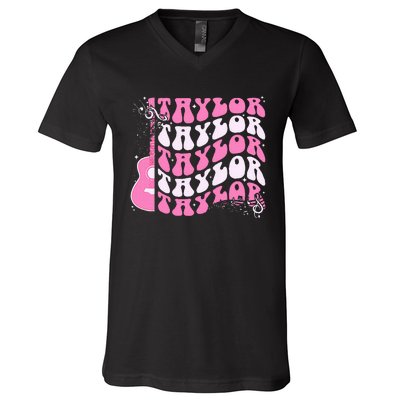 Retro T.AYLOR First Name Personalized Groovy Birthday V-Neck T-Shirt