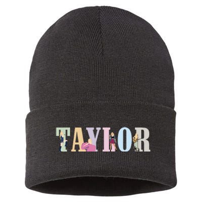 Retro Taylor First Name Personalized Groovy Birthday Girl Sustainable Knit Beanie