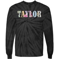 Retro Taylor First Name Personalized Groovy Birthday Girl Tie-Dye Long Sleeve Shirt