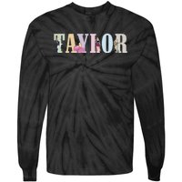 Retro Taylor First Name Personalized Groovy Birthday Girl Tie-Dye Long Sleeve Shirt