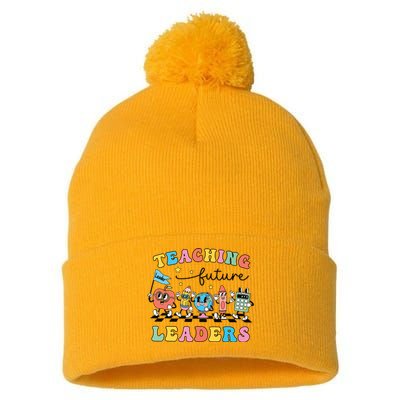 Retro Teaching Future Leaders Groovy Teacher Back To School Pom Pom 12in Knit Beanie