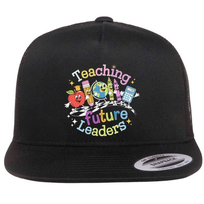 Retro Teaching Future Leaders Teacher 100 Days Of School Flat Bill Trucker Hat