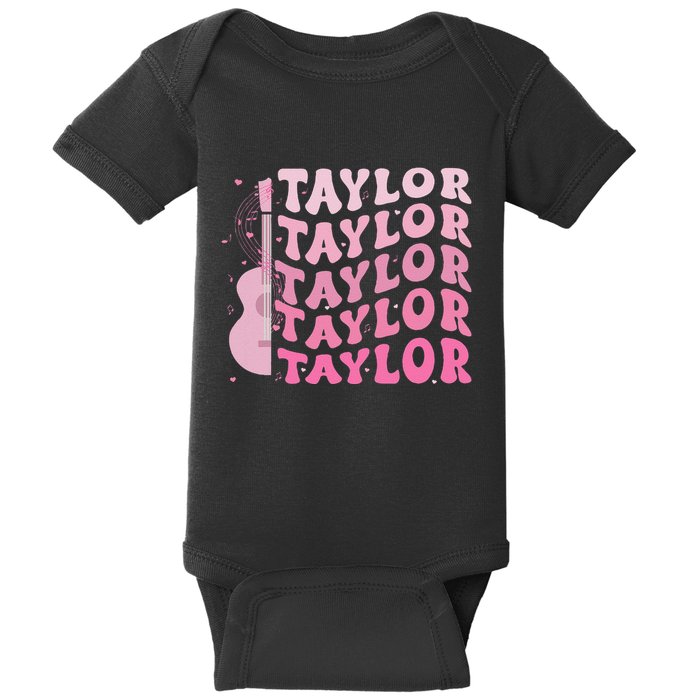 Retro Taylor First Name Personalized Groovy 80S Pin.K Baby Bodysuit