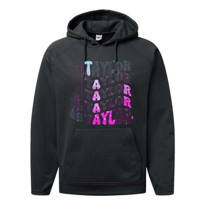 Retro Taylor First Name Personalized Groovy 80S Pin.K Performance Fleece Hoodie