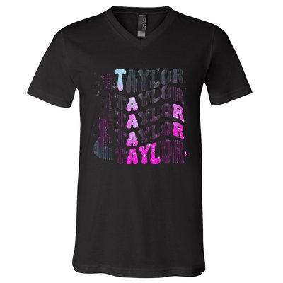 Retro Taylor First Name Personalized Groovy 80S Pin.K V-Neck T-Shirt