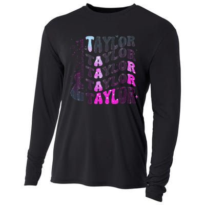 Retro Taylor First Name Personalized Groovy 80S Pin.K Cooling Performance Long Sleeve Crew