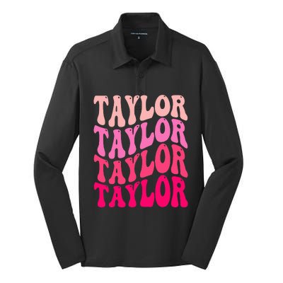 Retro TA.YLOR First Name Personalized Groovy Birthday Silk Touch Performance Long Sleeve Polo