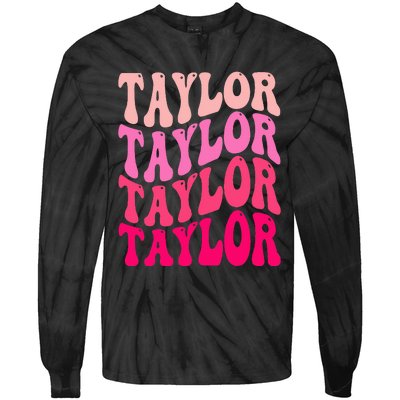 Retro TA.YLOR First Name Personalized Groovy Birthday Tie-Dye Long Sleeve Shirt