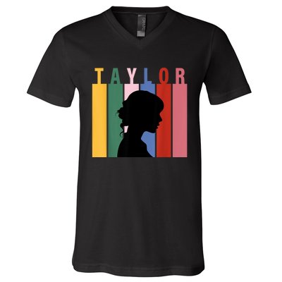 Retro Taylor First Name Personalized Groovy Birthday Girl V-Neck T-Shirt