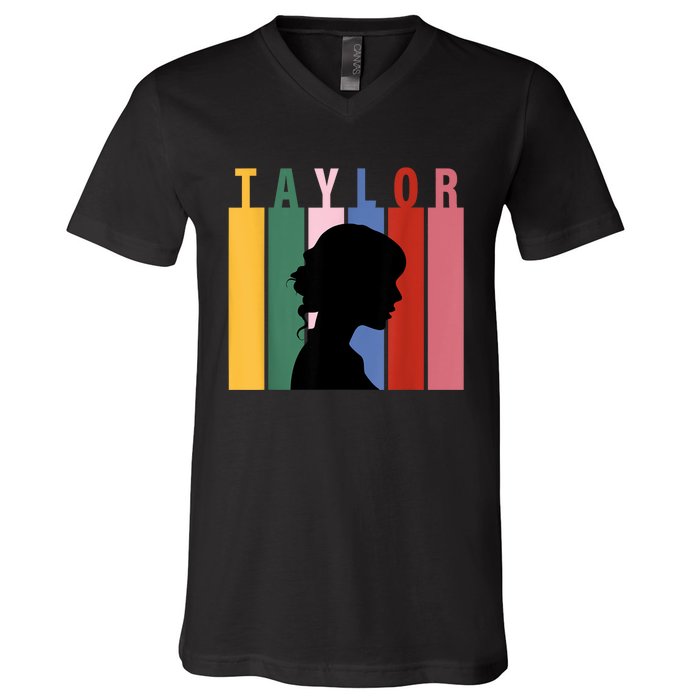 Retro Taylor First Name Personalized Groovy Birthday Girl V-Neck T-Shirt