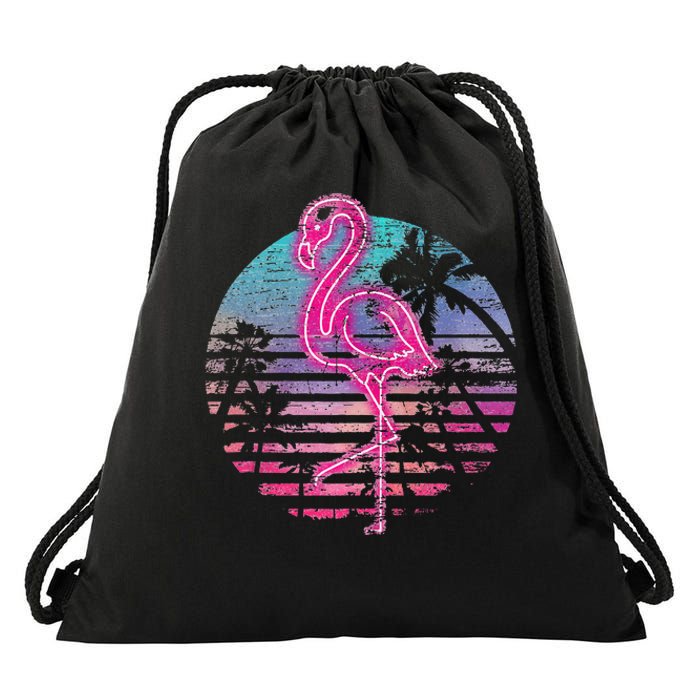 Retro Tropic Flamingo Drawstring Bag