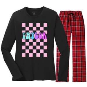 Retro T.AYLOR First Name Personalized Groovy Birthday Women's Long Sleeve Flannel Pajama Set 