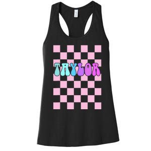 Retro T.AYLOR First Name Personalized Groovy Birthday Women's Racerback Tank