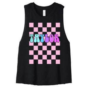 Retro T.AYLOR First Name Personalized Groovy Birthday Women's Racerback Cropped Tank