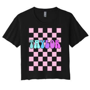 Retro T.AYLOR First Name Personalized Groovy Birthday Women's Crop Top Tee