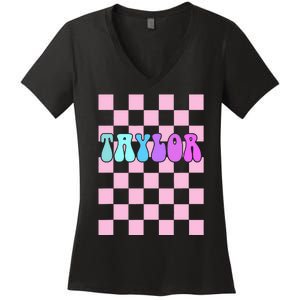 Retro T.AYLOR First Name Personalized Groovy Birthday Women's V-Neck T-Shirt