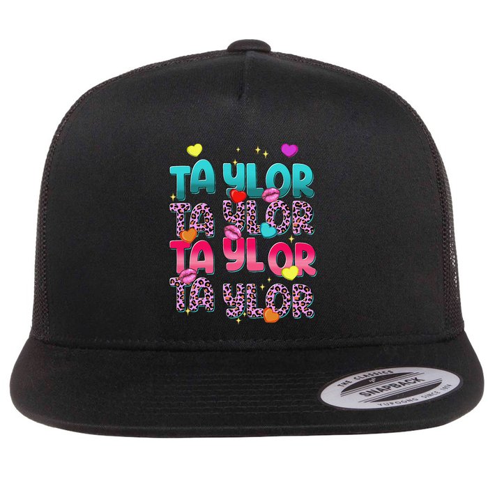 Retro Taylor First Name Personalized Groovy Bday Flat Bill Trucker Hat