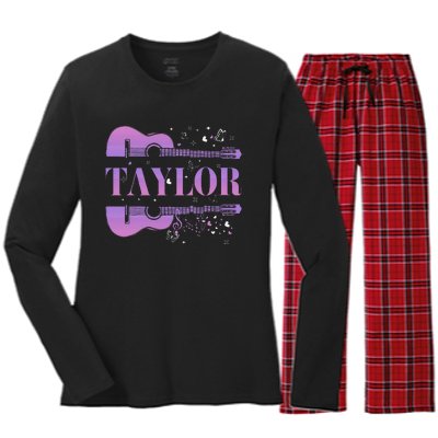 Retro Taylor First Name Personalized Groovy Birthday Women's Long Sleeve Flannel Pajama Set 