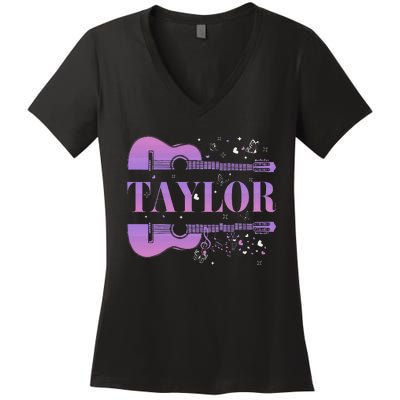 Retro Taylor First Name Personalized Groovy Birthday Women's V-Neck T-Shirt