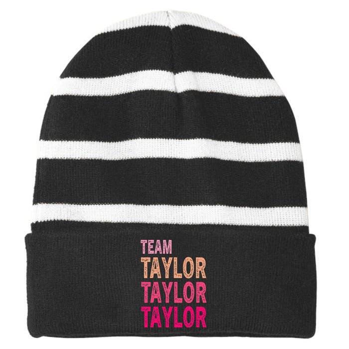 Retro T.AYLOR First Name Personalized Groovy Birthday Striped Beanie with Solid Band