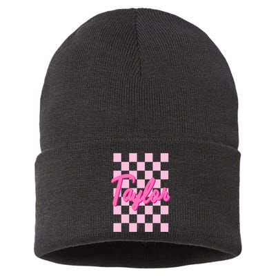 Retro T.AYLOR First Name Personalized Groovy Birthday Sustainable Knit Beanie