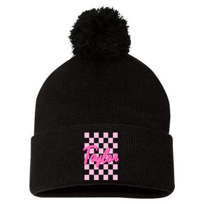 Retro T.AYLOR First Name Personalized Groovy Birthday Pom Pom 12in Knit Beanie