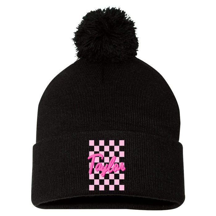 Retro T.AYLOR First Name Personalized Groovy Birthday Pom Pom 12in Knit Beanie
