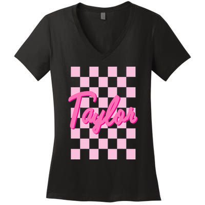 Retro T.AYLOR First Name Personalized Groovy Birthday Women's V-Neck T-Shirt