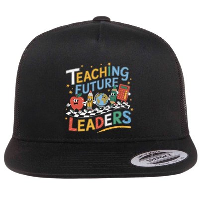 Retro Teaching Future Leaders Teacher 100 Days Of School Flat Bill Trucker Hat