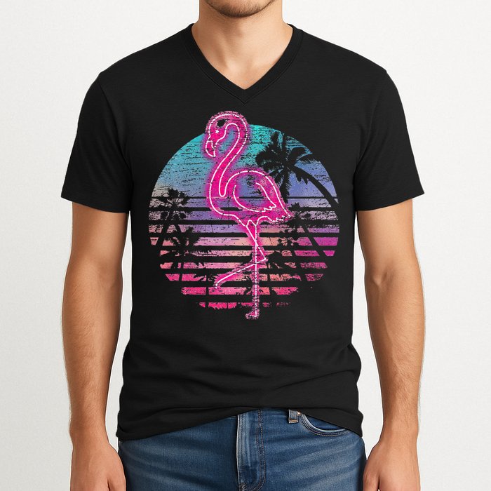 Retro Tropic Flamingo V-Neck T-Shirt