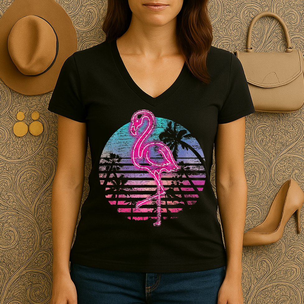 Retro Tropic Flamingo Women's V-Neck T-Shirt