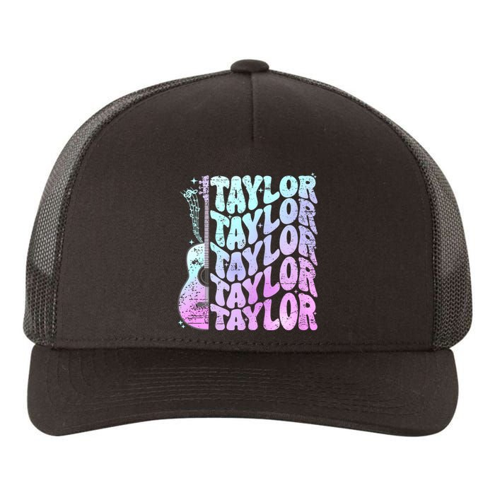 Retro Taylor First Name Personalized Groovy 80S Pink Yupoong Adult 5-Panel Trucker Hat