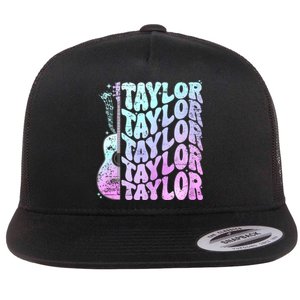 Retro Taylor First Name Personalized Groovy 80S Pink Flat Bill Trucker Hat