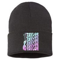 Retro Taylor First Name Personalized Groovy 80S Pink Sustainable Knit Beanie