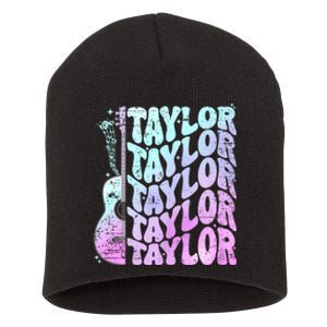 Retro Taylor First Name Personalized Groovy 80S Pink Short Acrylic Beanie