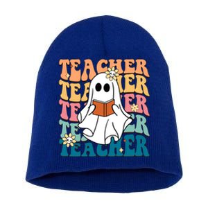 Retro Teacher Funny Ghost Reading Book Halloween Teacher Gift Short Acrylic Beanie