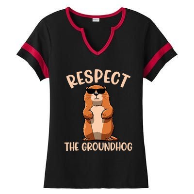 Respect The Groundhog Funny Woodchuck Groundhog Day Ladies Halftime Notch Neck Tee