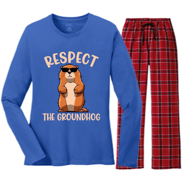 Respect The Groundhog Funny Woodchuck Groundhog Day Women's Long Sleeve Flannel Pajama Set 