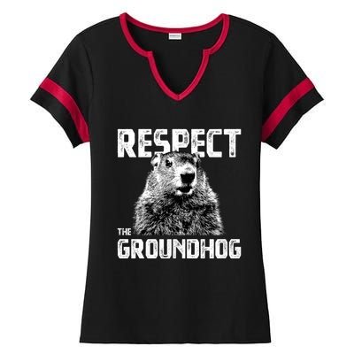 Respect The Groundhog Funny Woodchuck Ladies Halftime Notch Neck Tee