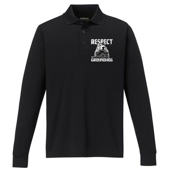 Respect The Groundhog Funny Woodchuck Performance Long Sleeve Polo