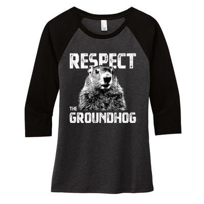 Respect The Groundhog Funny Woodchuck Women's Tri-Blend 3/4-Sleeve Raglan Shirt