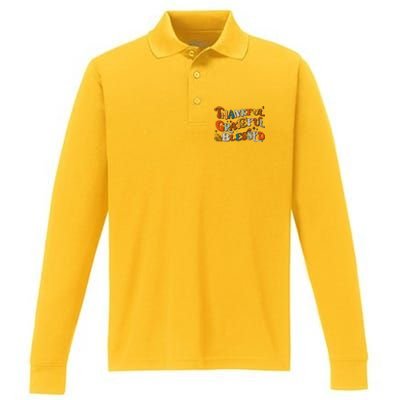 Retro Thankful Grateful Blessed Fall Colors Thanksgiving Performance Long Sleeve Polo